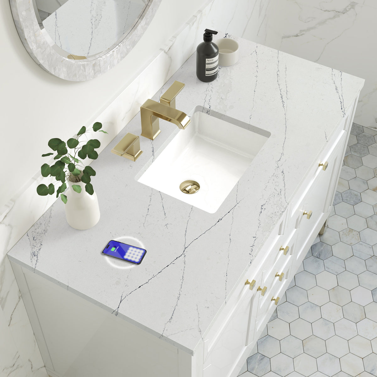 James Martin Chicago 48" Single Bathroom Vanity, Glossy White with Ethereal Noctis (FreePower) countertop
