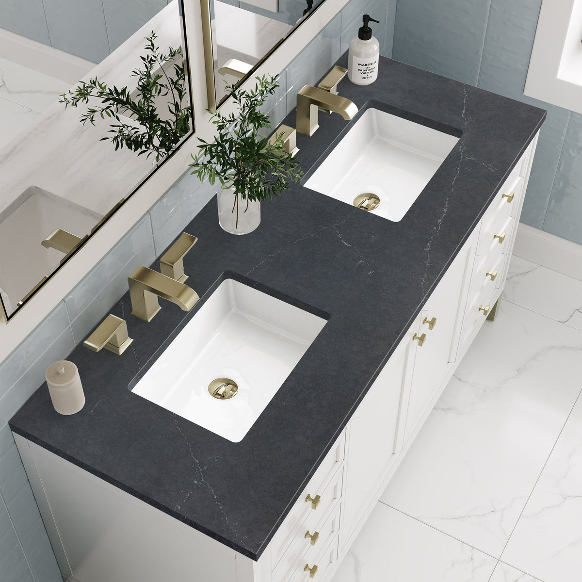 James Martin Chicago 60" Double Bathroom Vanity, Glossy White with Charcoal Soapstone countertop