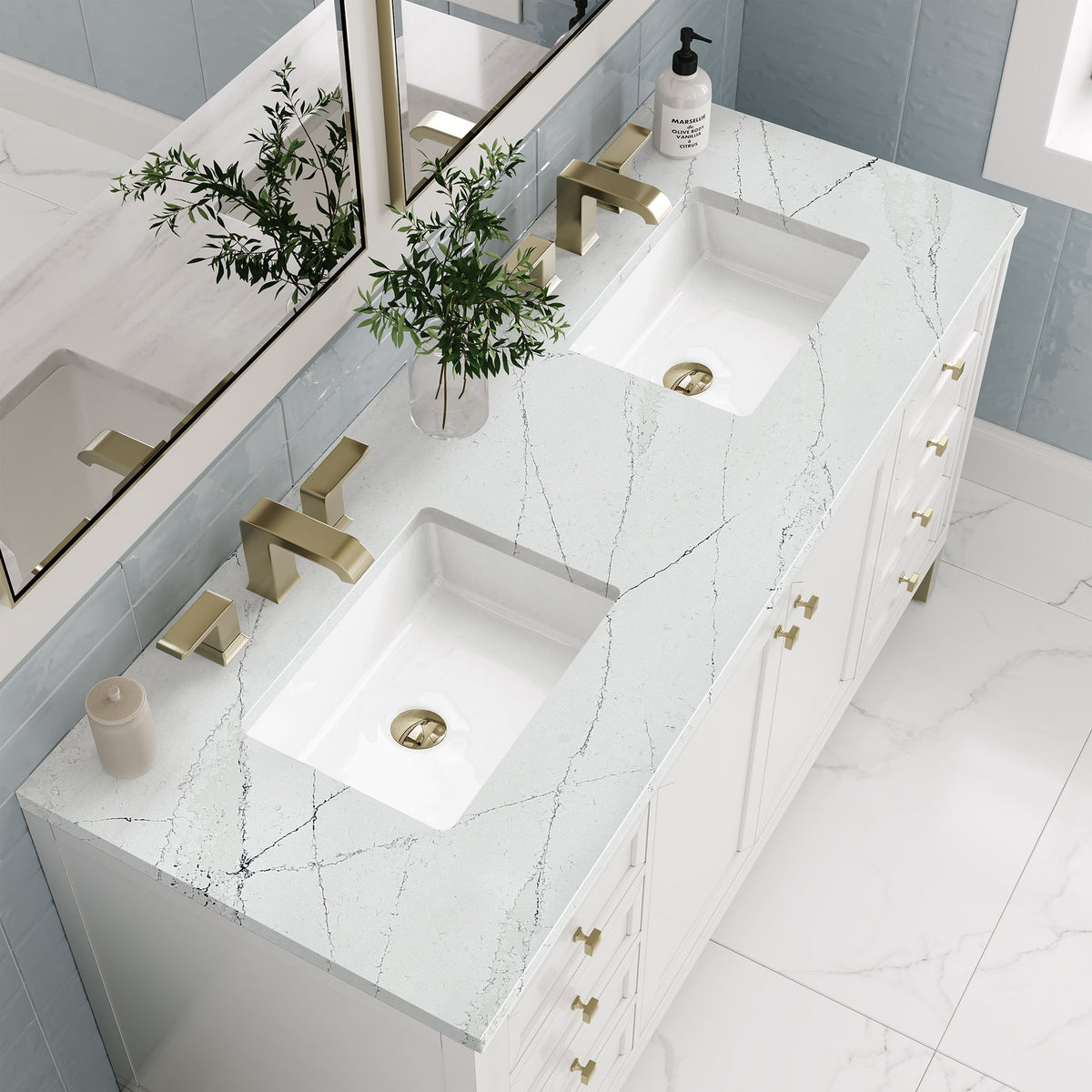 James Martin Chicago 60" Double Bathroom Vanity, Glossy White with Ethereal Noctis countertop
