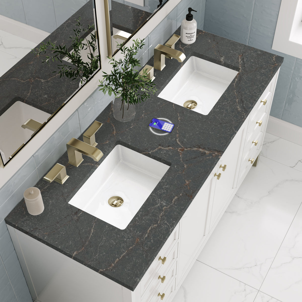 James Martin Chicago 60" Double Bathroom Vanity, Glossy White with Parisien Bleu (FreePower) countertop