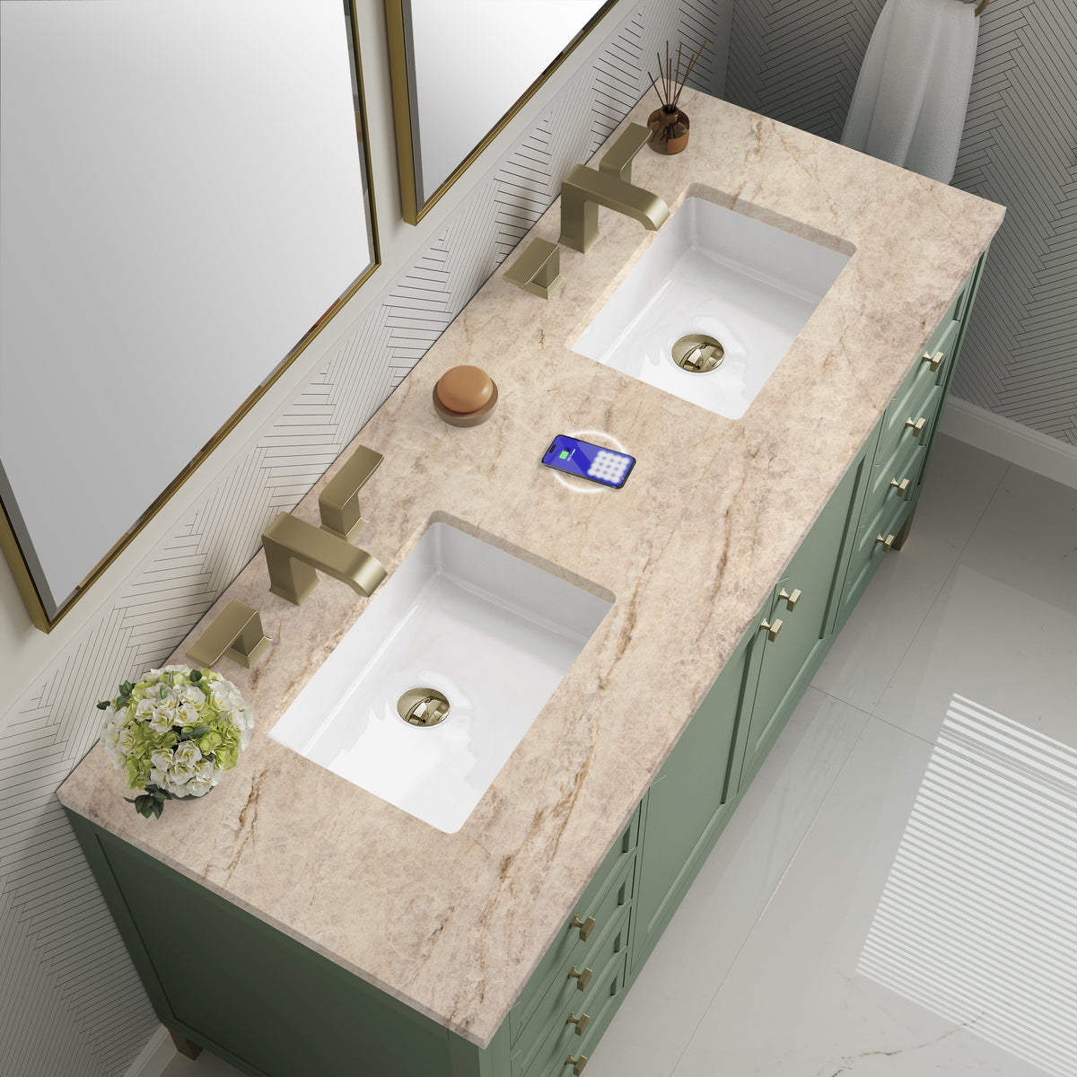James Martin Chicago 60" Double Bathroom Vanity, Smokey Celadon with Tajnar (FreePower) countertop