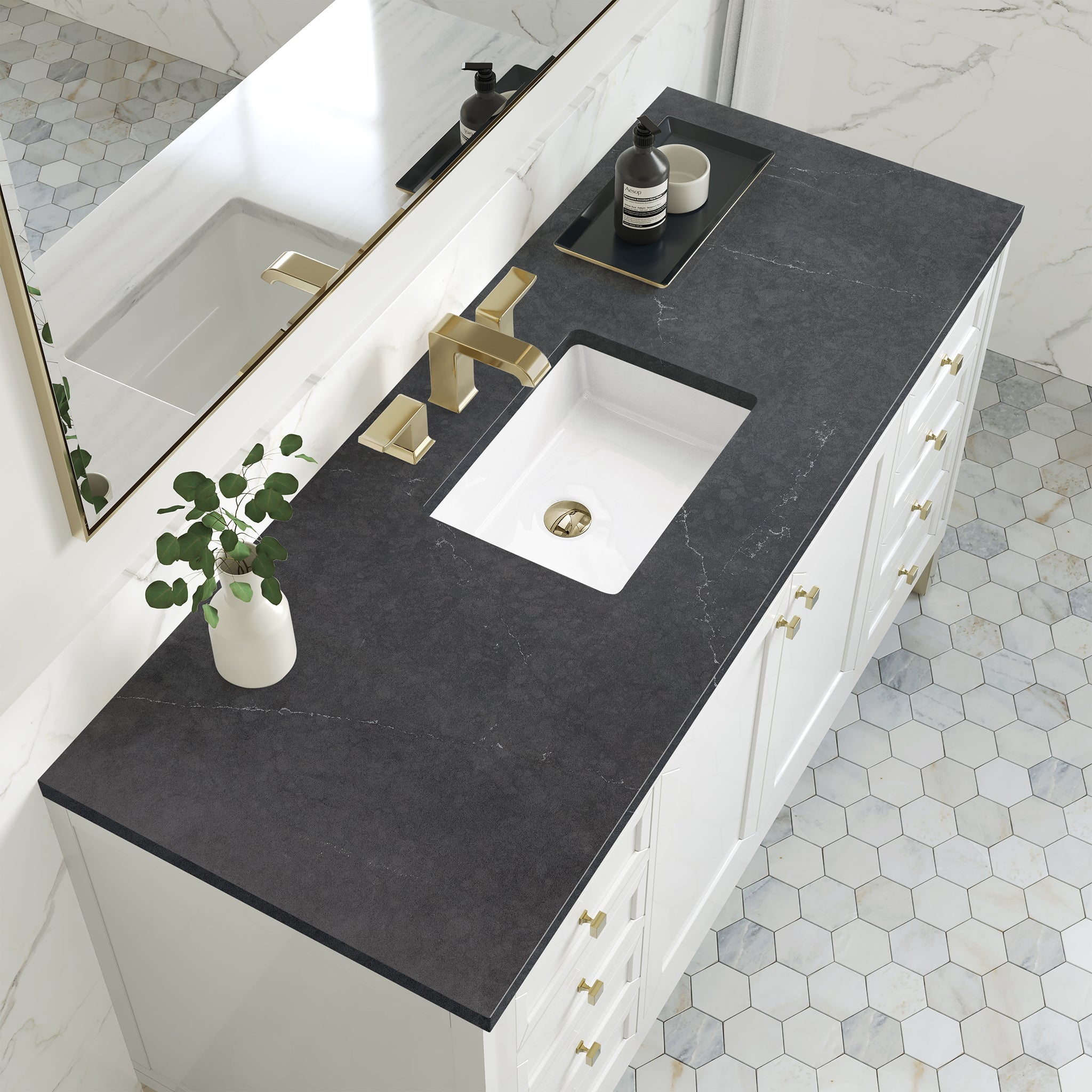 James Martin Chicago 60" Single Bathroom Vanity, Glossy White with Charcoal Soapstone countertop