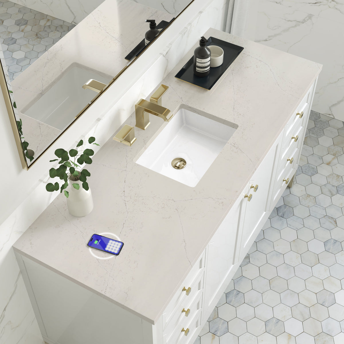 James Martin Chicago 60" Single Bathroom Vanity, Glossy White with Siberian (FreePower) countertop