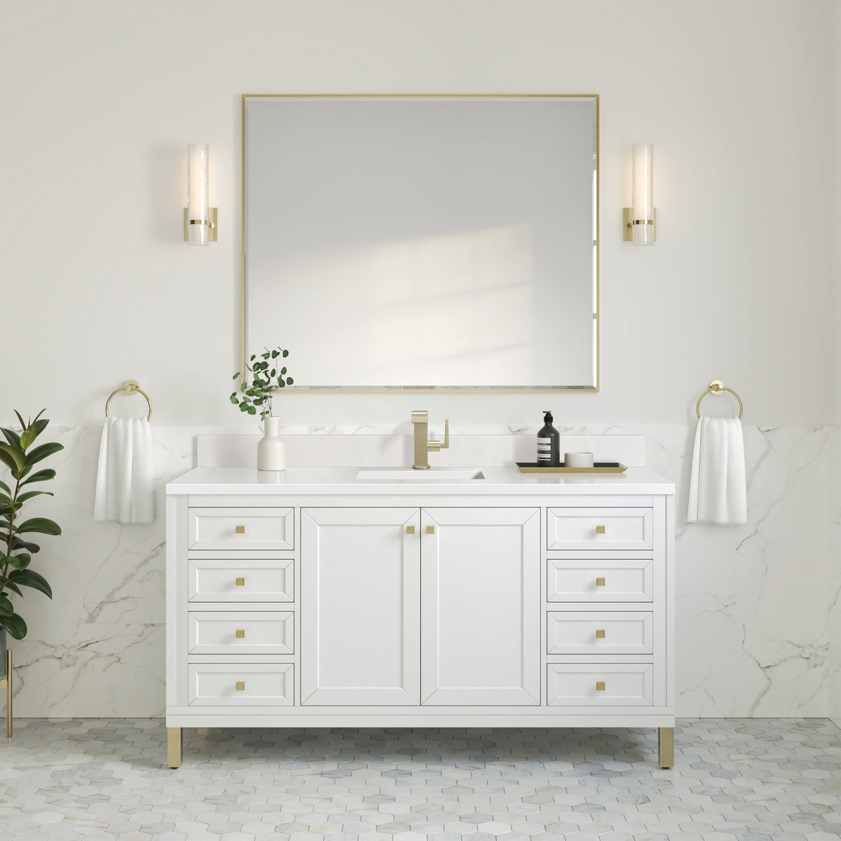 James Martin Chicago 60" Single Bathroom Vanity, Glossy White with White Zeus (Single Hole, with Backsplash) countertop