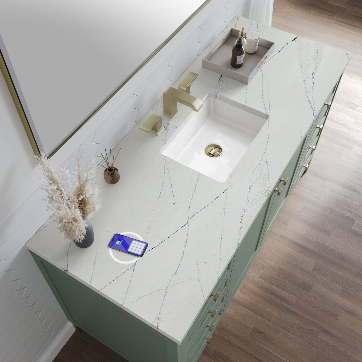 James Martin Chicago 60" Single Bathroom Vanity, Smokey Celadon with Ethereal Noctis (FreePower) countertop