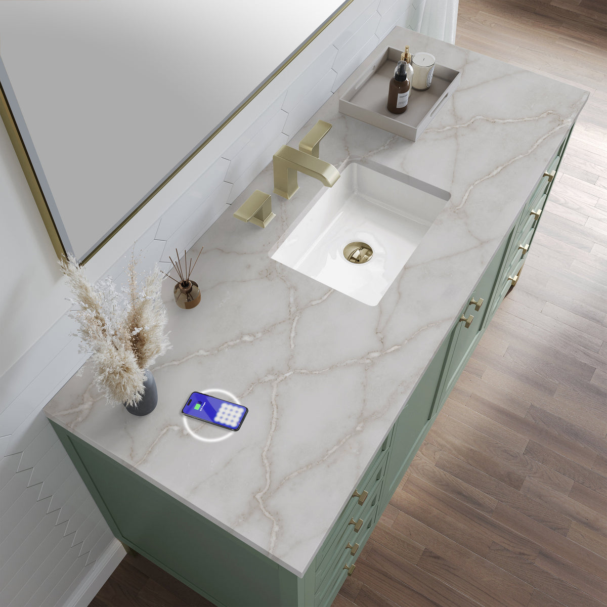 James Martin Chicago 60" Single Bathroom Vanity, Smokey Celadon with Victorian Silver (FreePower) countertop