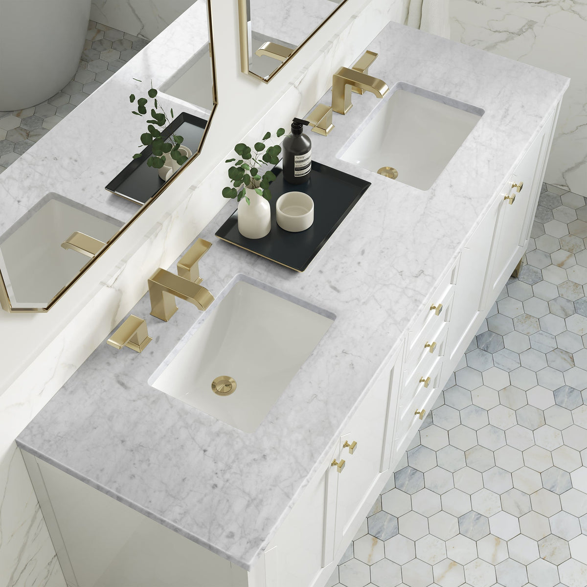 James Martin Chicago 72" Double Bathroom Vanity, Glossy White with Carrara White countertop