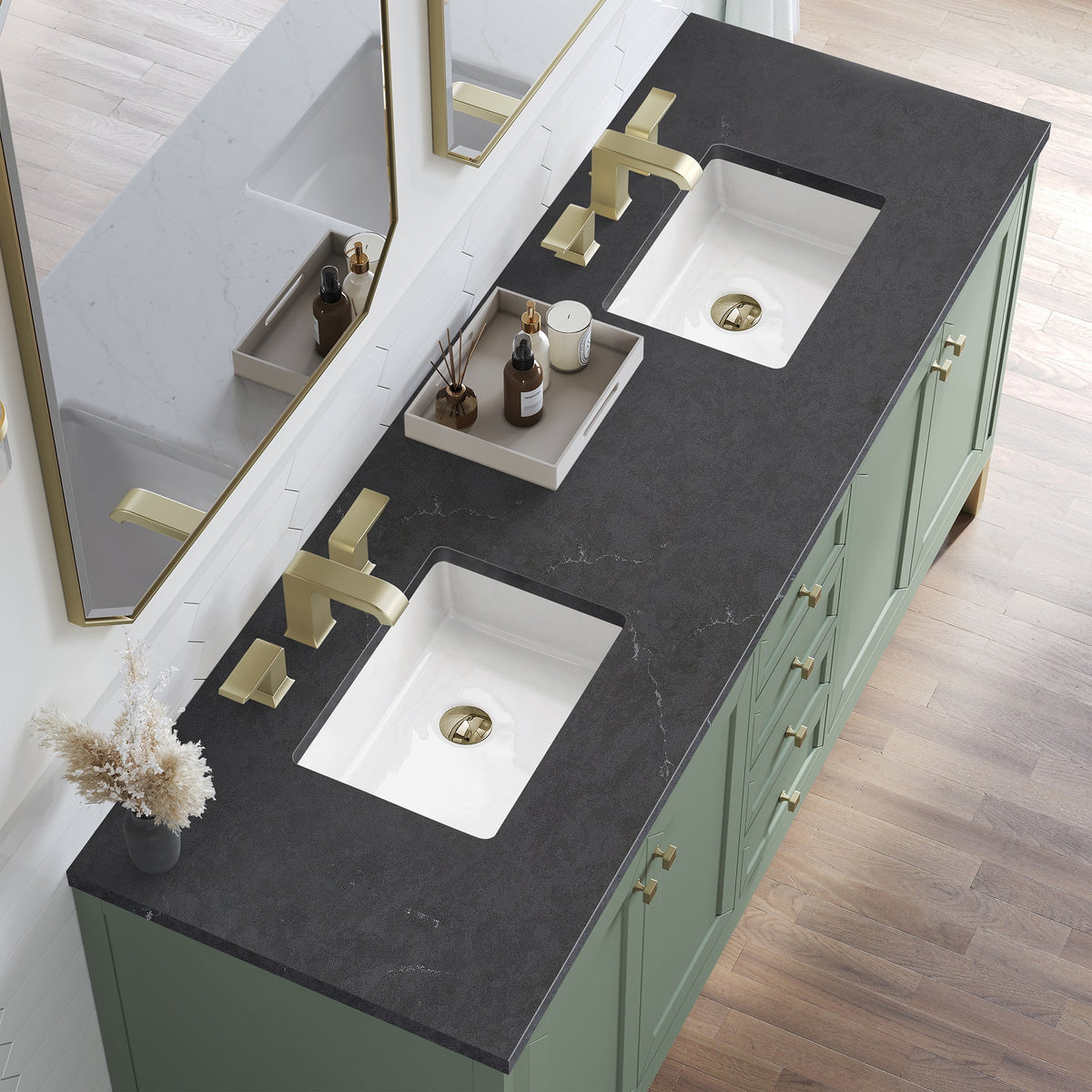 James Martin Chicago 72" Double Bathroom Vanity, Smokey Celadon with Charcoal Soapstone countertop
