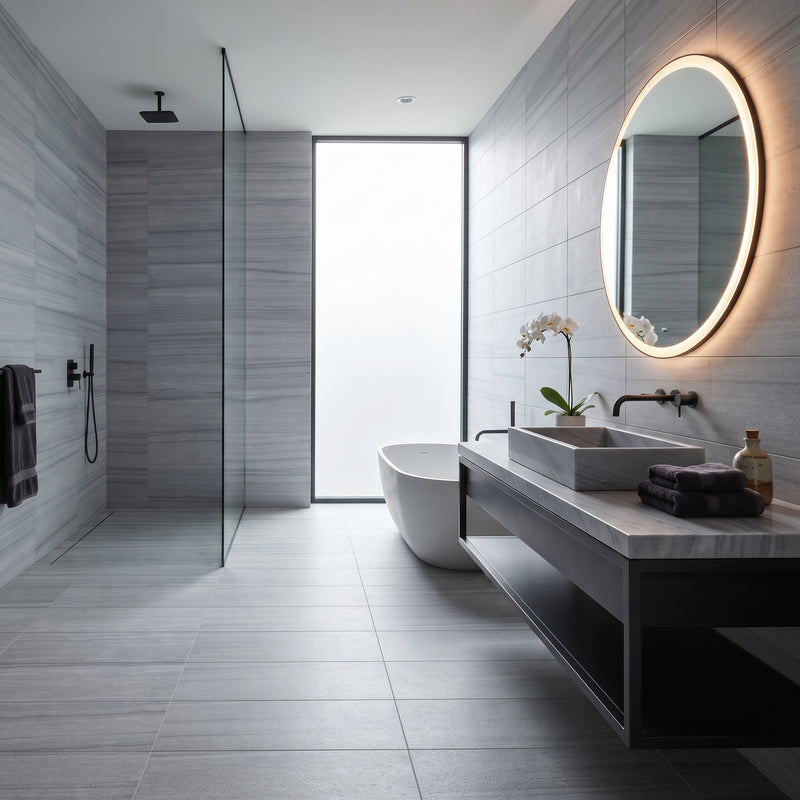Modern bathroom interior with a floating double-sink vanity, round backlit mirror, freestanding bathtub, glass shower enclosure, and gray stone tile walls and floor.