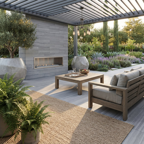 Outdoor patio furniture set including a gray cushioned wooden sofa, matching armchair, and a rectangular coffee table on a light stone tile deck under a pergola with a built-in fireplace.