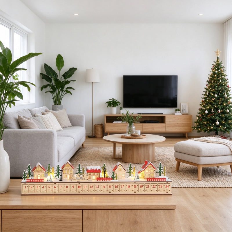 Christmas Advent Calendar with 24 Drawers and LED Lights, Natural Wood-Effect