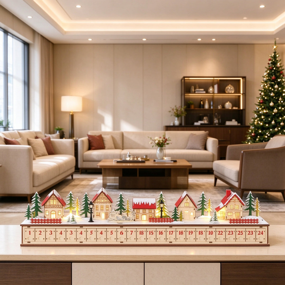Christmas Advent Calendar with 24 Drawers and LED Lights, Natural Wood-Effect, photo 2 of 7