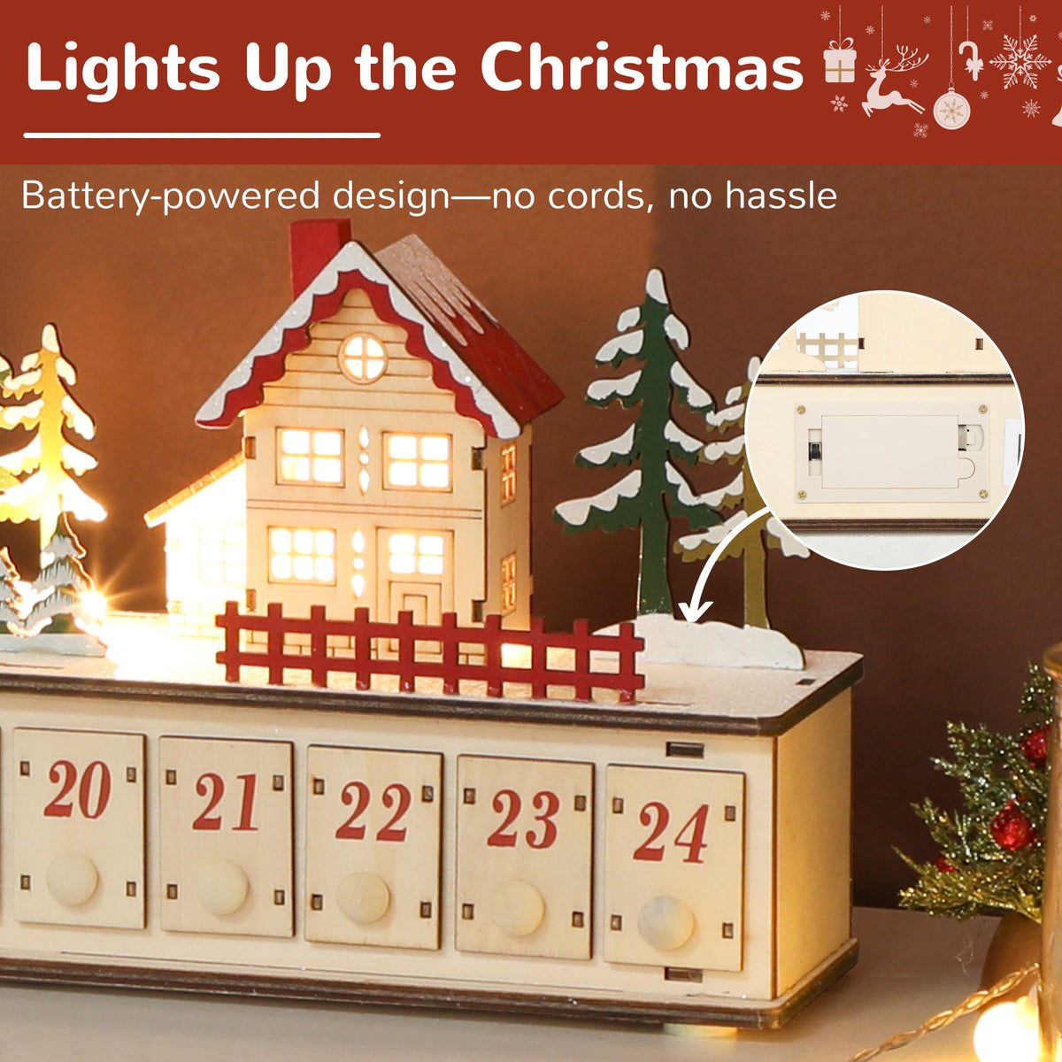 Christmas Advent Calendar with 24 Drawers and LED Lights, Natural Wood-Effect, photo 4 of 7