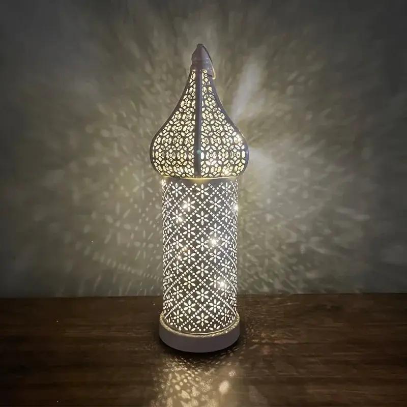 Christmas Decoration LED Illuminated Wind Lantern Iron Art Ornament, New Moroccan White Iron Hollow Lantern, Perfect Christmas Gift,, Battery Operated, Home Bedroom Living Room Indoor Decor, Batteries Not Included by House Of Avana