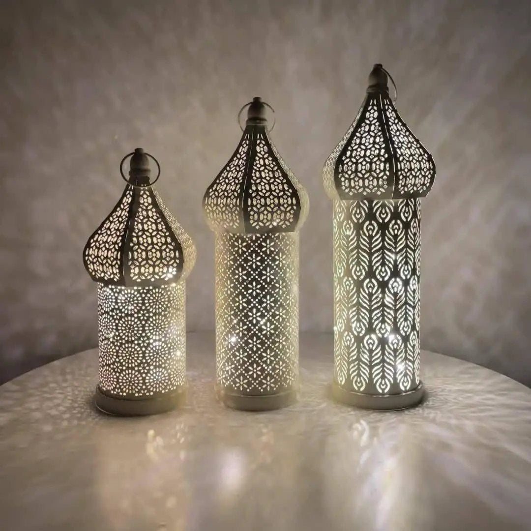 Christmas Decoration LED Illuminated Wind Lantern Iron Art Ornament, New Moroccan White Iron Hollow Lantern, Perfect Christmas Gift,, Battery Operated, Home Bedroom Living Room Indoor Decor, Batteries Not Included by House Of Avana
