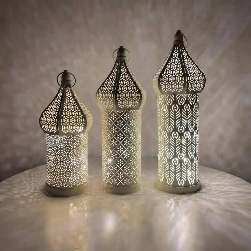 Christmas Decoration LED Illuminated Wind Lantern Iron Art Ornament, New Moroccan White Iron Hollow Lantern, Perfect Christmas Gift,, Battery Operated, Home Bedroom Living Room Indoor Decor, Batteries Not Included by House Of Avana