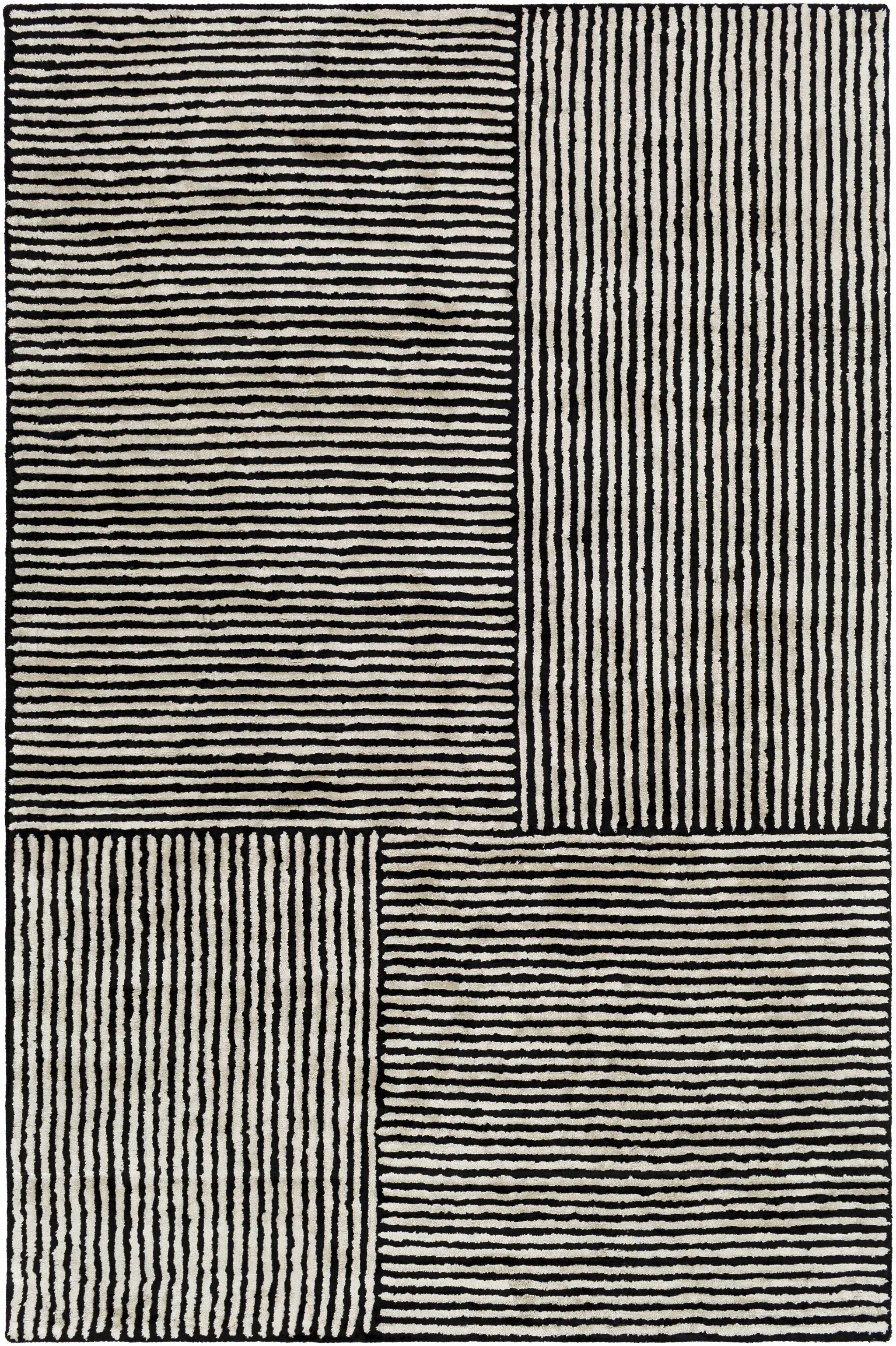 Black&White Striped Sheen Viscose Area Rug by Boutique Rugs