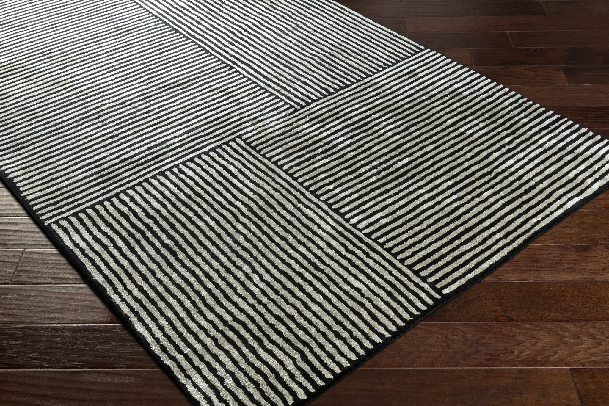 Black&White Striped Sheen Viscose Area Rug by Boutique Rugs