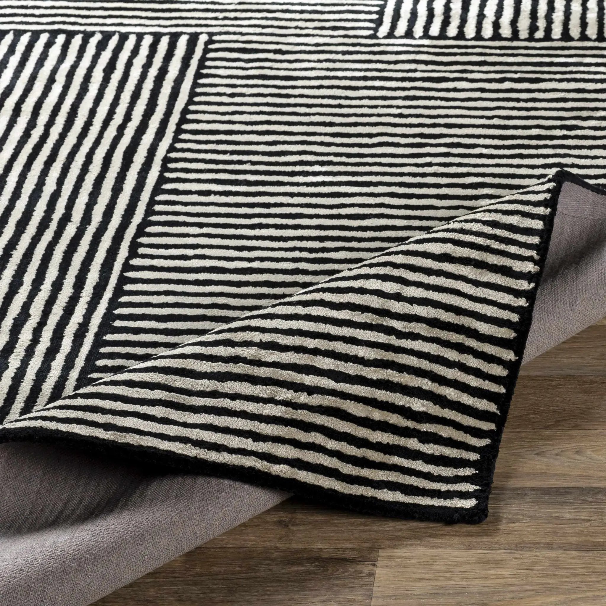 Black&White Striped Sheen Viscose Area Rug by Boutique Rugs