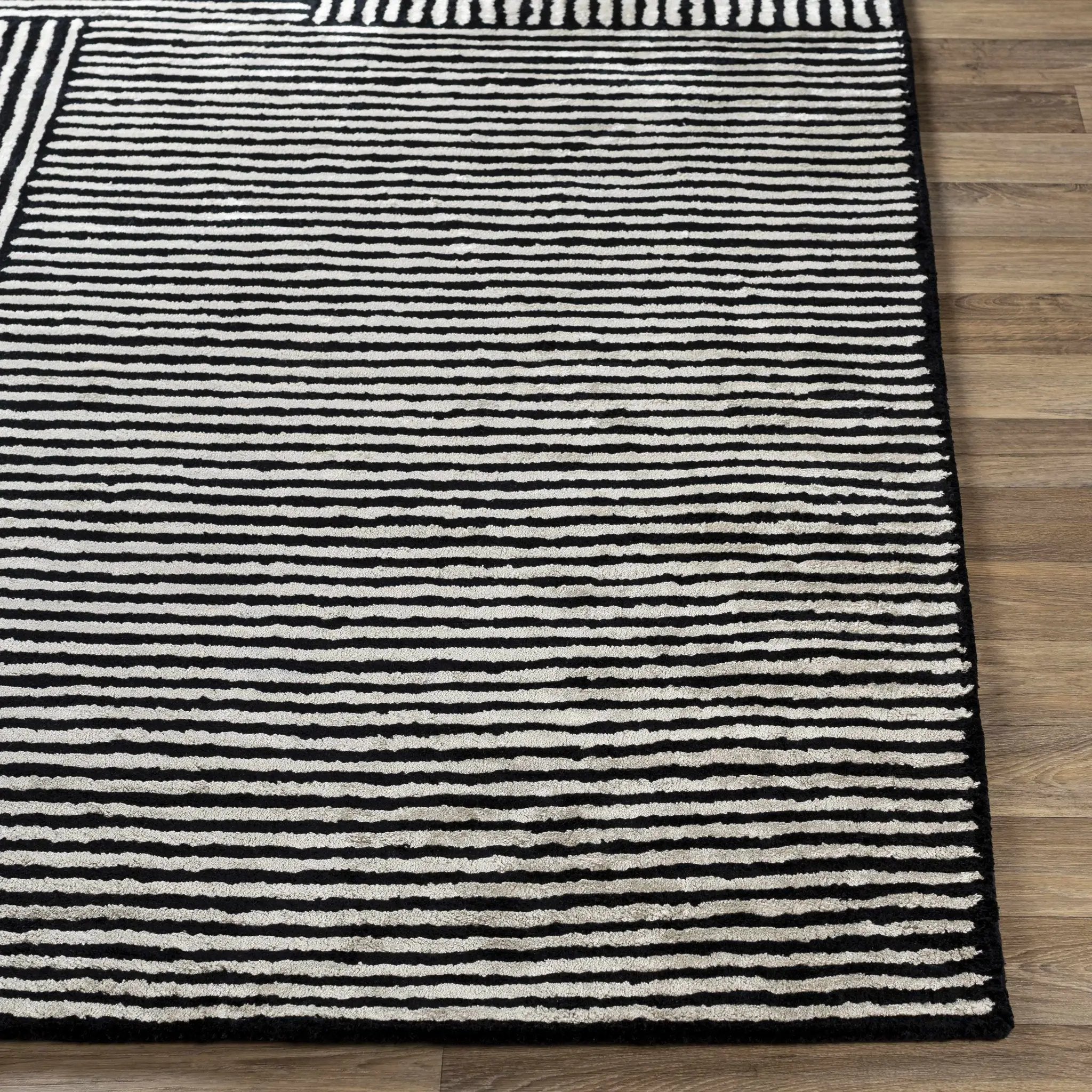 Black&White Striped Sheen Viscose Area Rug by Boutique Rugs