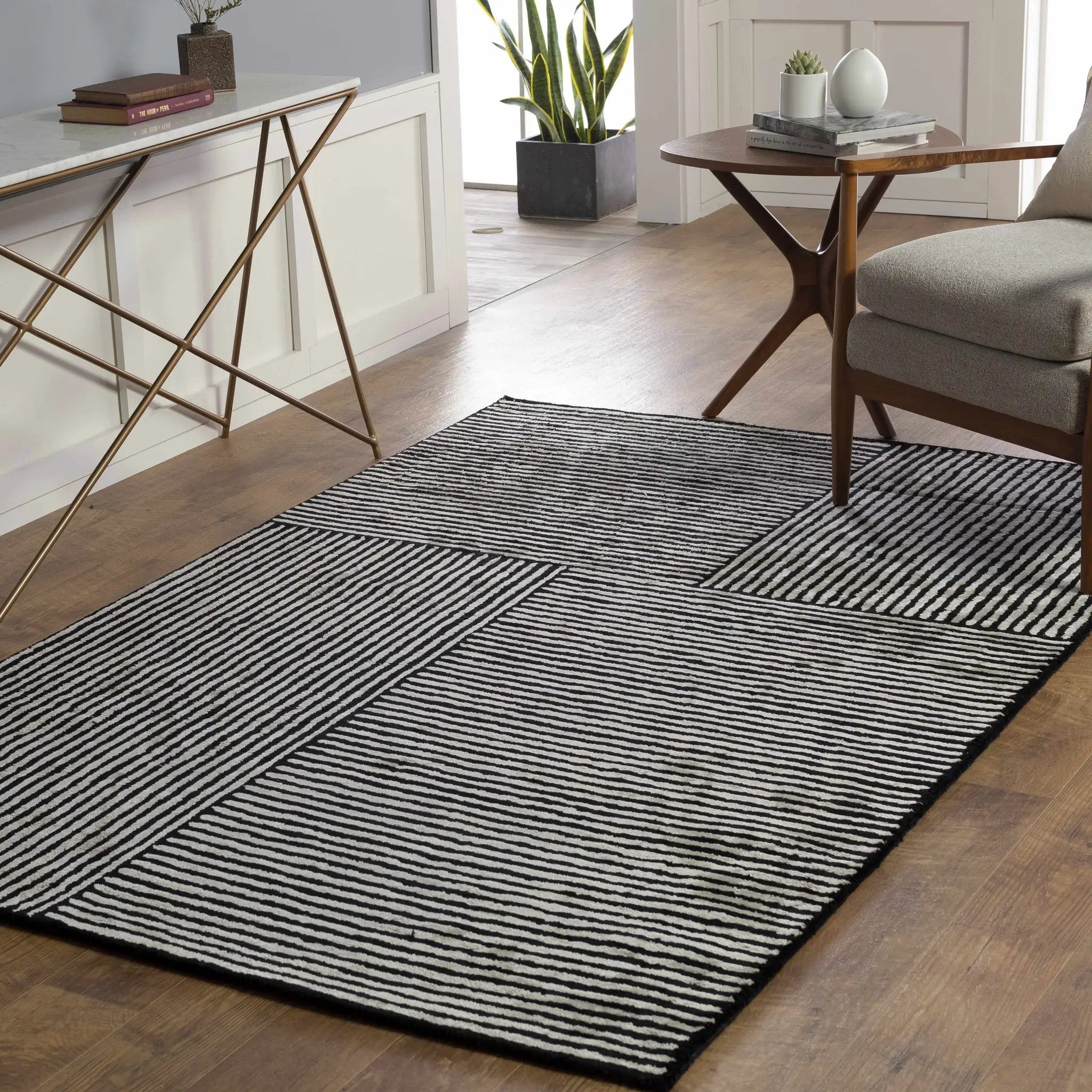 Black&White Striped Sheen Viscose Area Rug by Boutique Rugs
