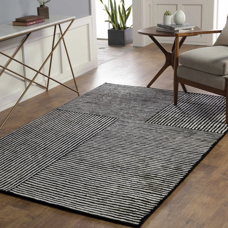 Black&White Striped Sheen Viscose Area Rug by Boutique Rugs