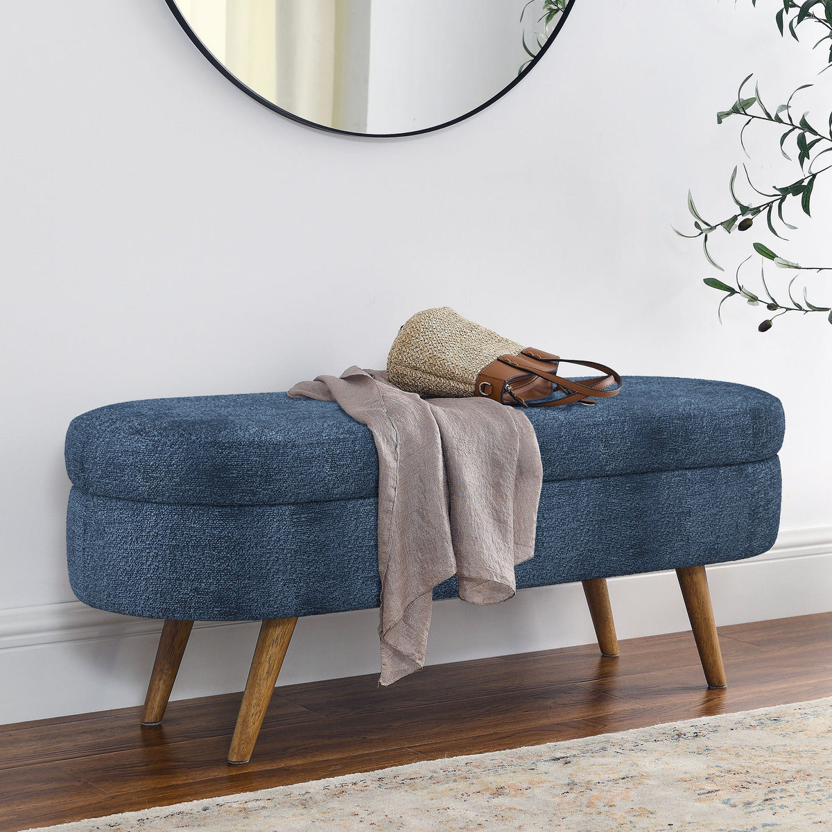 Modern Ottoman Oval Storage Bench with Rubber Wood Legs - Blue, Green, Light Brown, photo 6 of 10