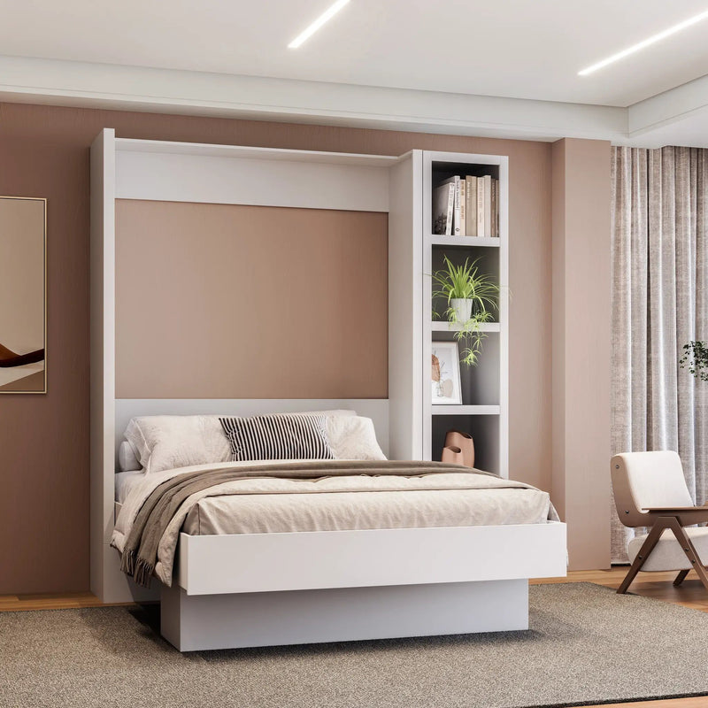 Easy-Lift Full Murphy Wall Bed in White with Bookshelf by Sharicks
