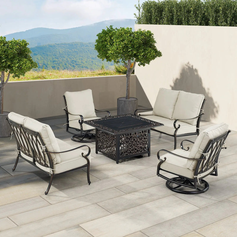 Black Aluminum Fire Table Set with Two Loveseats and Two Club Chairs by Sharicks