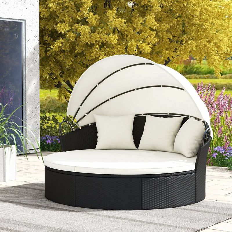 Clamshell Patio Round Daybed Wicker with Retractable Canopy and Pillows by DirectDeals