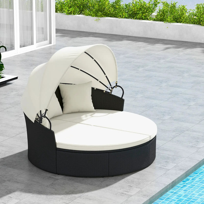 Clamshell Patio Round Daybed Wicker with Retractable Canopy and Pillows by DirectDeals