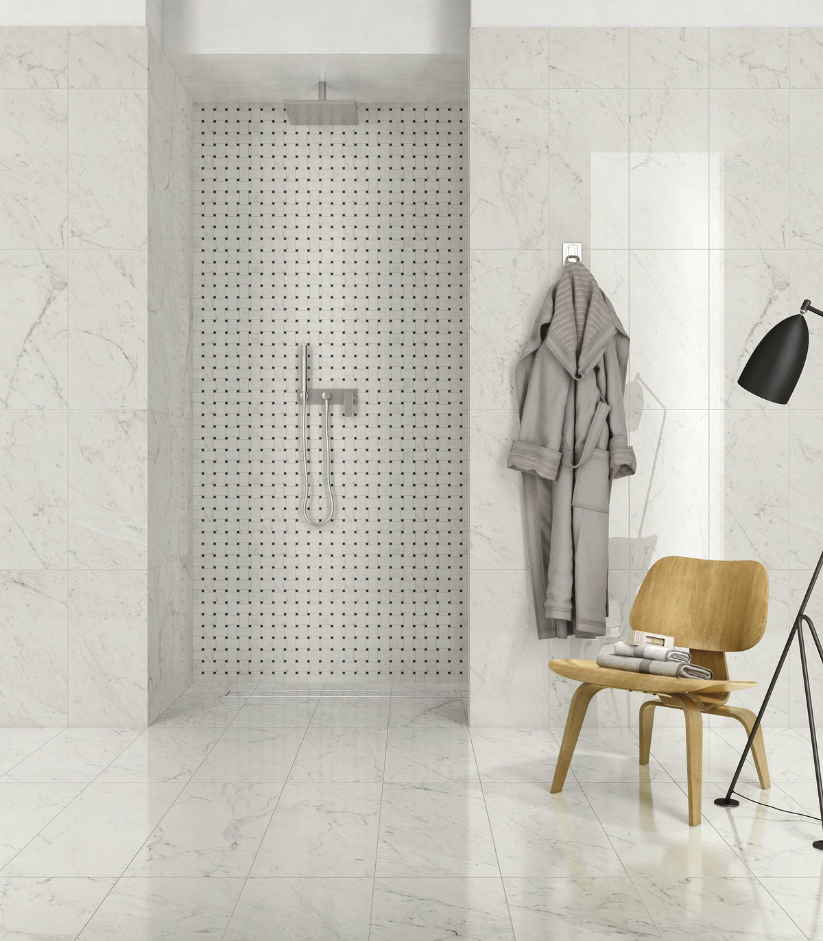 Classic 2.0 Bianco Carrara Honed Marble Look Porcelain Tiles 12x24 installed in a bathroom