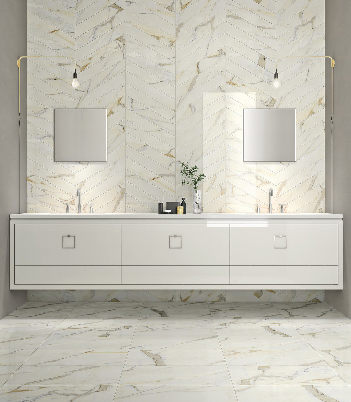 Classic 2.0 Calacatta Oro Honed Marble Look Cove Base Porcelain Trim 6x12 installed in a bathroom