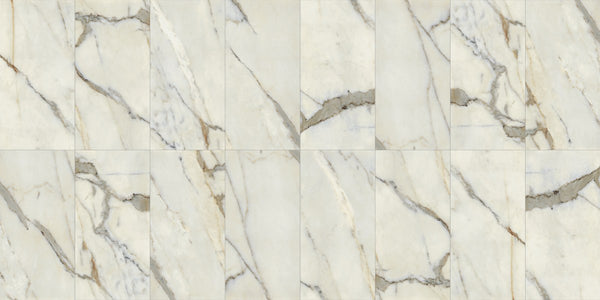 Classic 2.0 Calacatta Oro Polished Marble Look Porcelain Tiles 12x24, several pieces laid together
