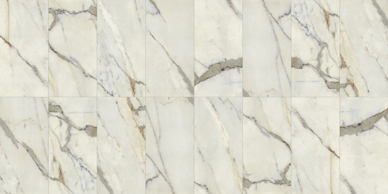 Classic 2.0 Calacatta Oro Polished Marble Look Porcelain Tiles 12x24, several pieces laid together