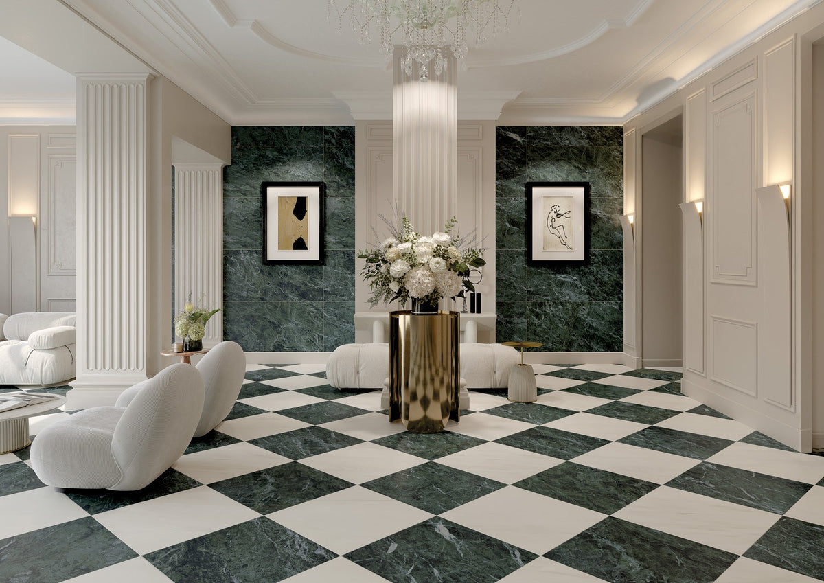 Classic Boutique Alpine Verde Polished Marble Look Porcelain Tiles 12x12 installed in a lobby