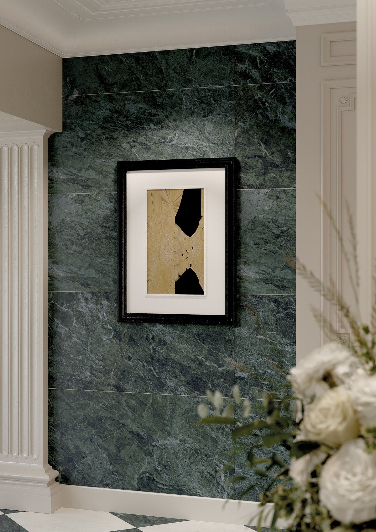 Classic Boutique Alpine Verde Polished Marble Look Porcelain Tiles 12x24 installed in a lobby, view 3