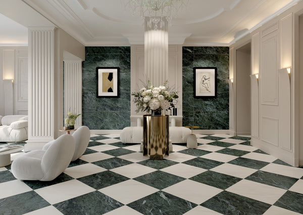 Classic Boutique Alpine Verde Polished Marble Look Porcelain Tiles 12x24 installed in a lobby