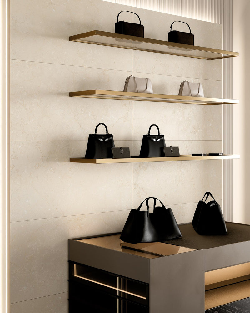 Classic Boutique Botticino Beige Natural Marble Look Bullnose Porcelain Trim 3x24 installed in a shop, view 2