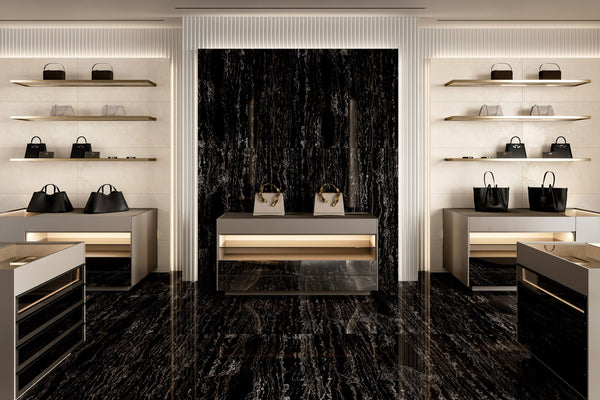 Classic Boutique Botticino Beige Natural Marble Look Bullnose Porcelain Trim 3x24 installed in a shop