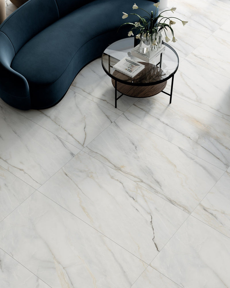 Classic Boutique Calacatta Bluette Polished Marble Look Porcelain Tiles 24x24 installed in an airport terminal, view 2