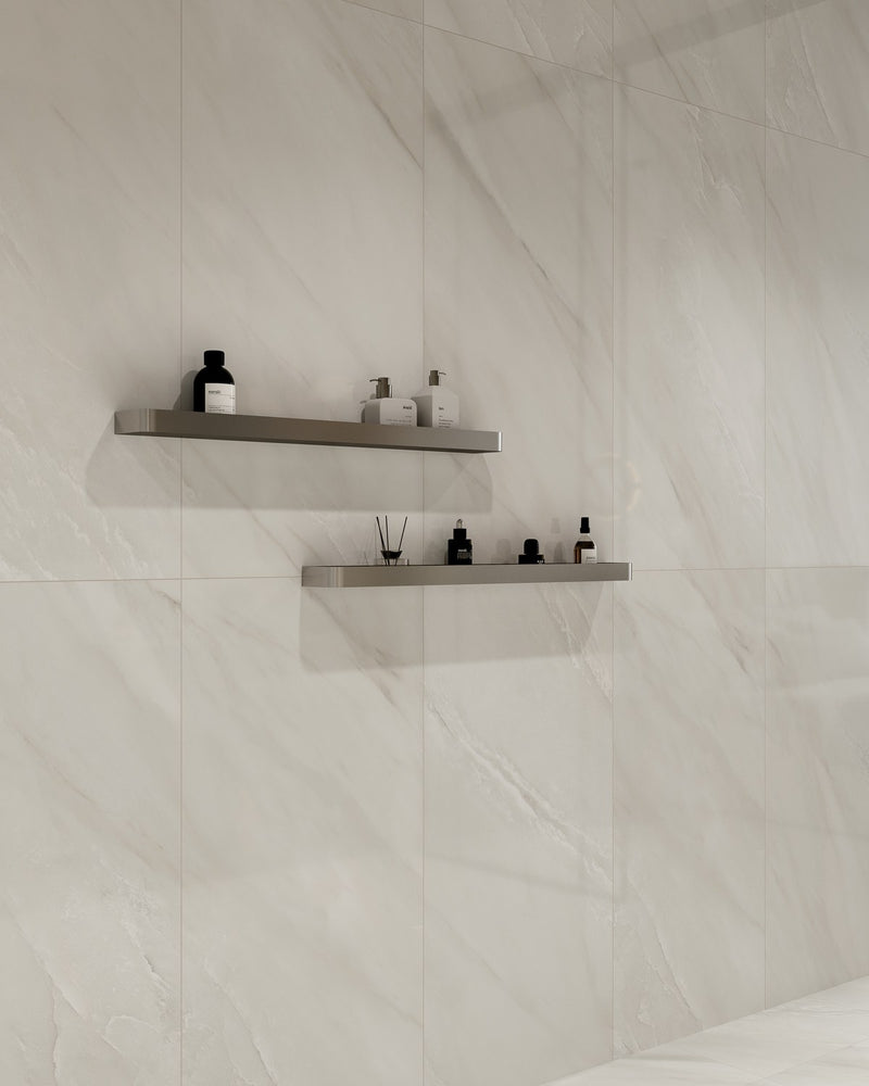 Classic Boutique Delicato Bianco Natural Marble Look Bullnose Porcelain Trim 3x24 installed in a bathroom, view 2
