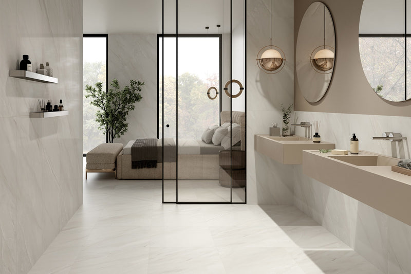 Classic Boutique Delicato Bianco Polished Marble Look Porcelain Tiles 12x12 installed in a bathroom