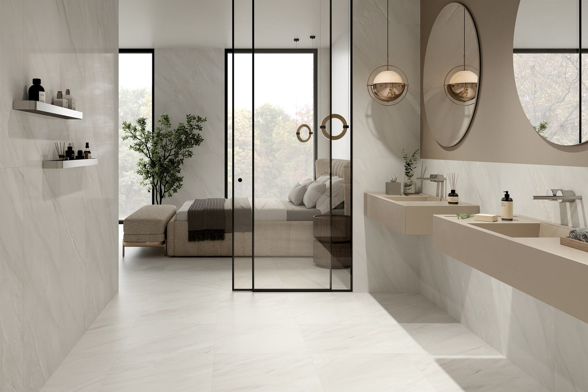 Classic Boutique Delicato Bianco Polished Marble Look Porcelain Tiles 24x24 installed in a bathroom