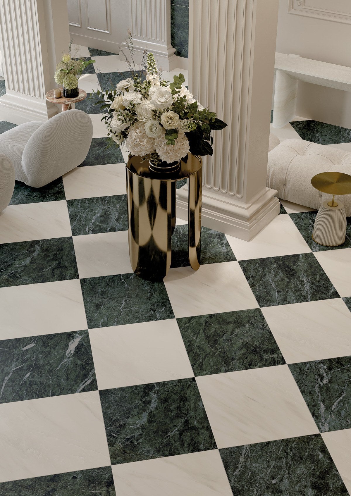 Classic Boutique Delicato Bianco Polished Marble Look Porcelain Tiles 24x48 installed in a lobby, view 2