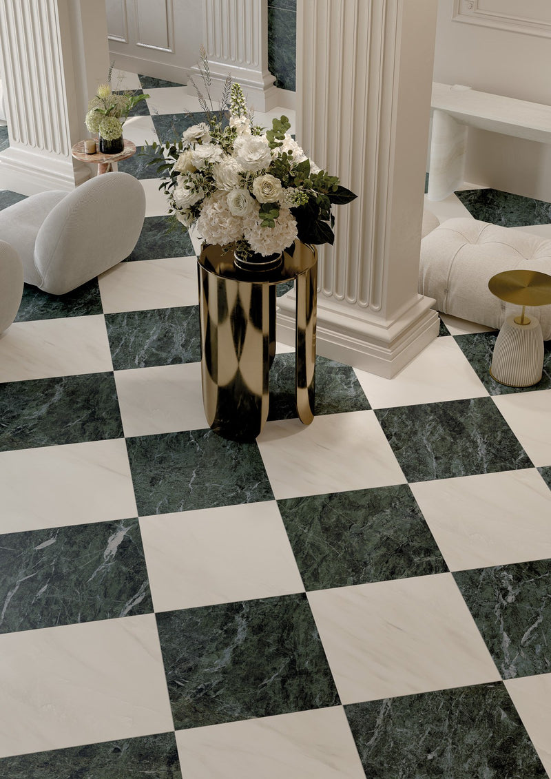 Classic Boutique Delicato Bianco Polished Marble Look Porcelain Tiles 24x48 installed in a lobby, view 2
