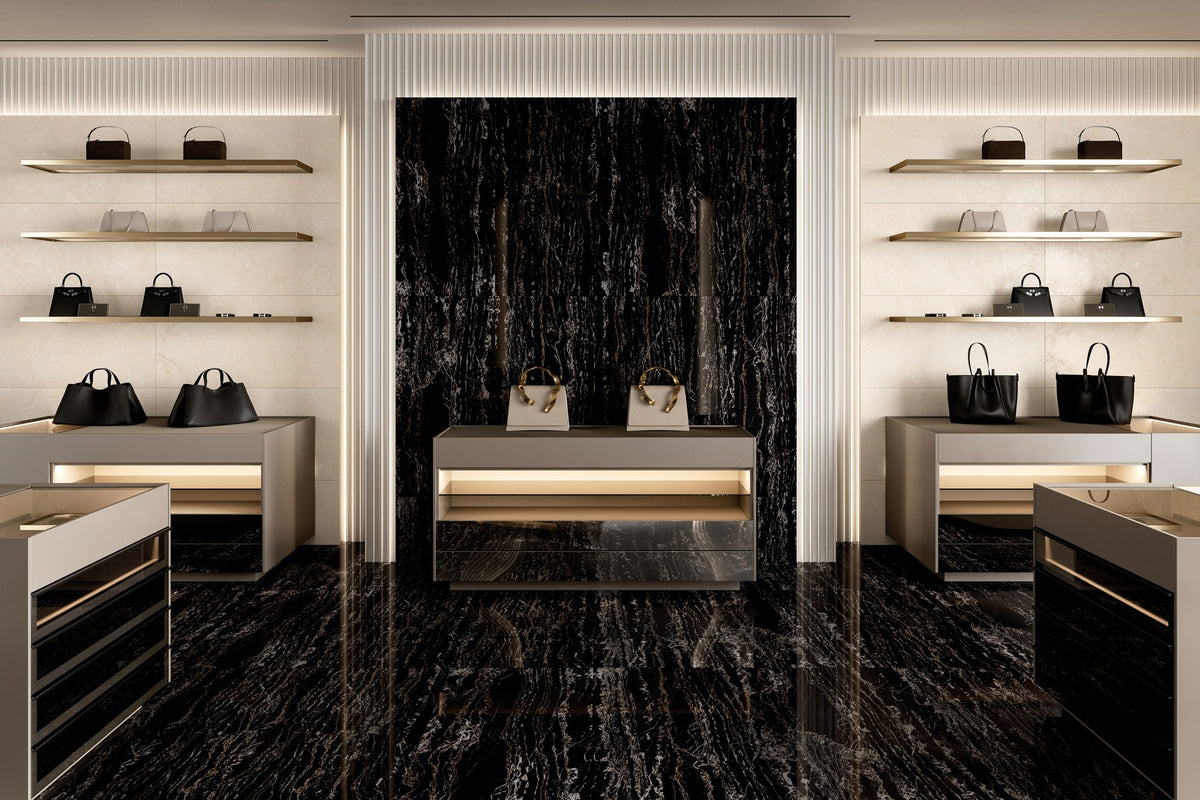 Classic Boutique Regalia Nero Polished Marble Look Bullnose Porcelain Trim 3x24 installed in a shop