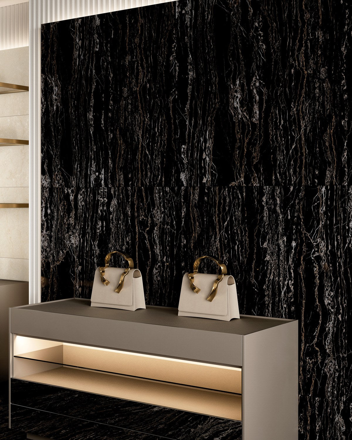 Classic Boutique Regalia Nero Polished Marble Look Porcelain Tiles 24x48 installed in a shop, view 2