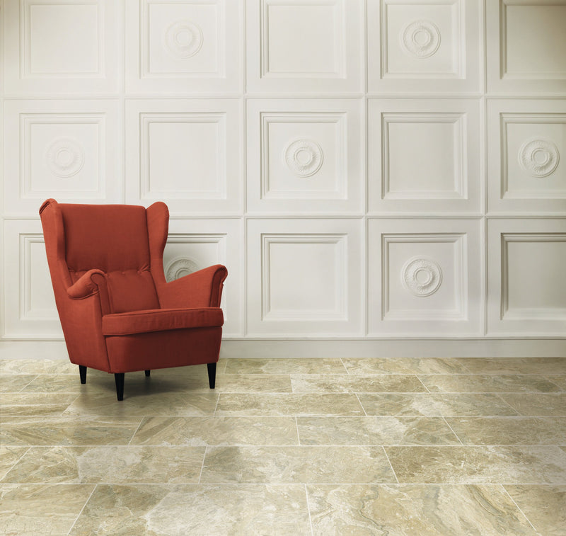 Classic Cremino Polished Marble Look Bullnose Porcelain Trim 3x12 installed in a living room