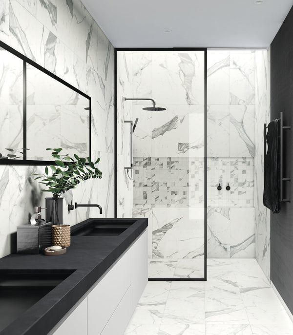 Classic Statuarietto Honed Marble Look Bullnose Porcelain Trim 3x12 installed in a bathroom